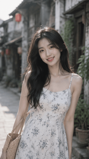 Woman in Ancient Chinese Town Lane - AI image template preview