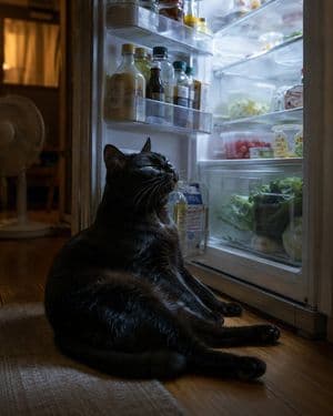 Black Cat Cooling by Open Fridge - AI image template preview