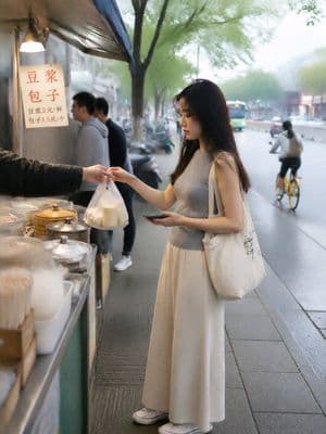 Asian Woman at Street Breakfast Stall - AI image template preview