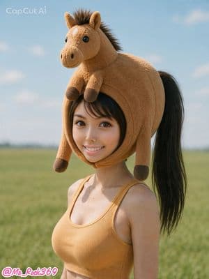 Ponytail Girl in Plush Horse Hood - AI image template preview