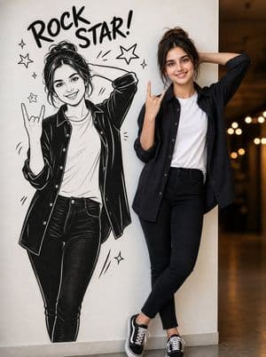 Real Woman and Line Art Cartoon Comparison - AI image template preview