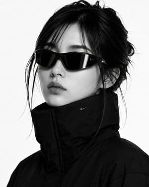 High-Fashion B&W Puffer Jacket Portrait - AI image template preview