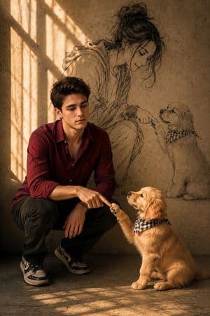 Man and Puppy With Wall Sketch - AI image template preview