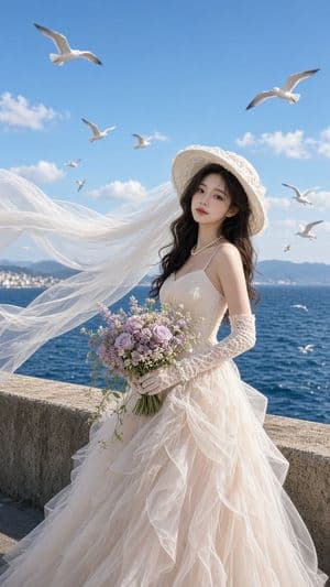Seaside Bridal Portrait With Seagulls preview