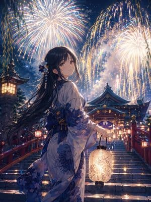 Girl in Yukata with Platinum Fireworks preview