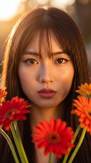 East Asian Woman with Gerbera Flowers preview