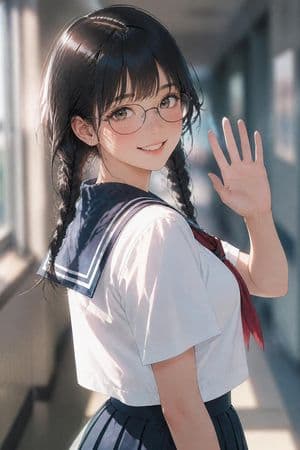 Waving Schoolgirl in Sunlit Hallway preview
