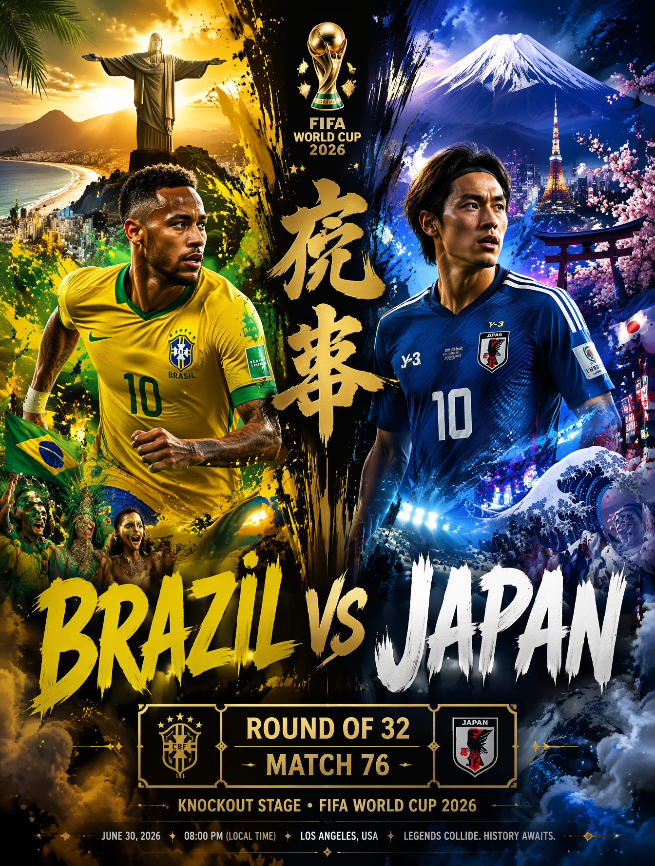 brazil-versus-japan-knockout-split-rivalry-poster - AI image template preview