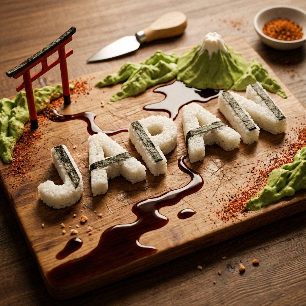 A charcuterie-style board presents JAPAN as an edible sculpture Letters - AI image template preview