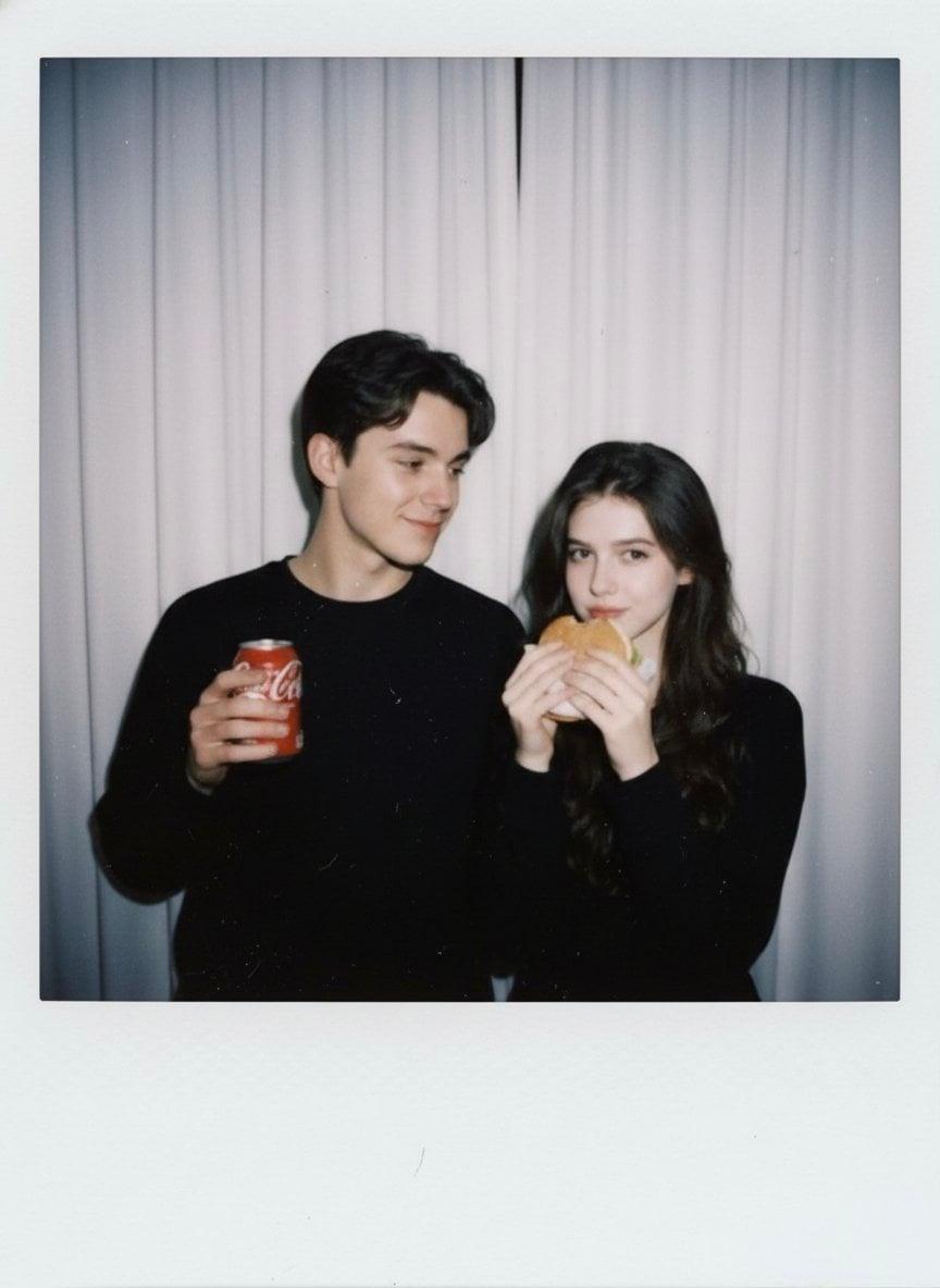 Realistic Polaroid-style instant photo of a boy and girl posing cutely - AI image template preview
