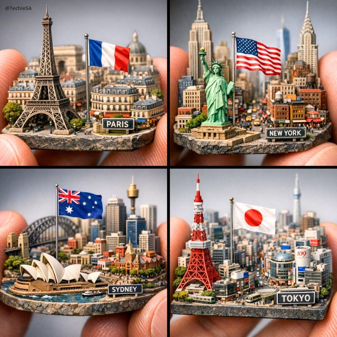 Extreme close-up macro of miniature city diorama on a solid base, held - AI image template preview