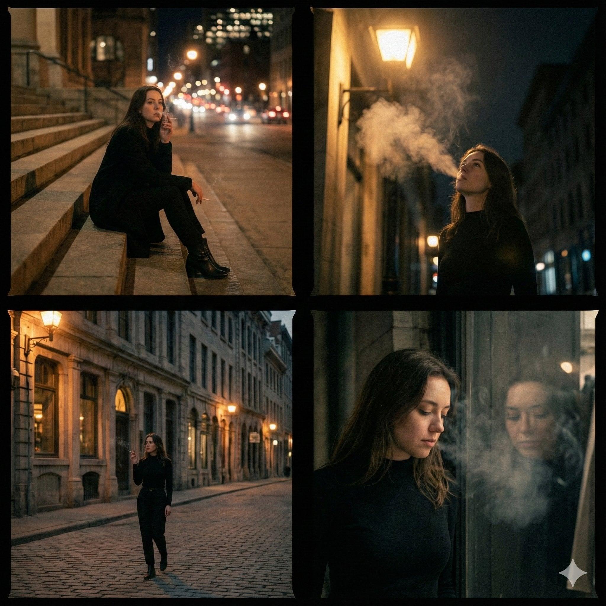 A cinematic 4-panel photo collage showing a quiet, introspective city - AI image template preview