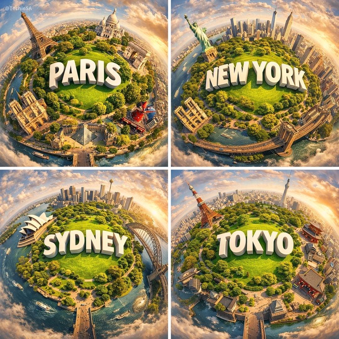 Hyperrealistic miniature planet showcasing with famous landmarks - AI image template preview