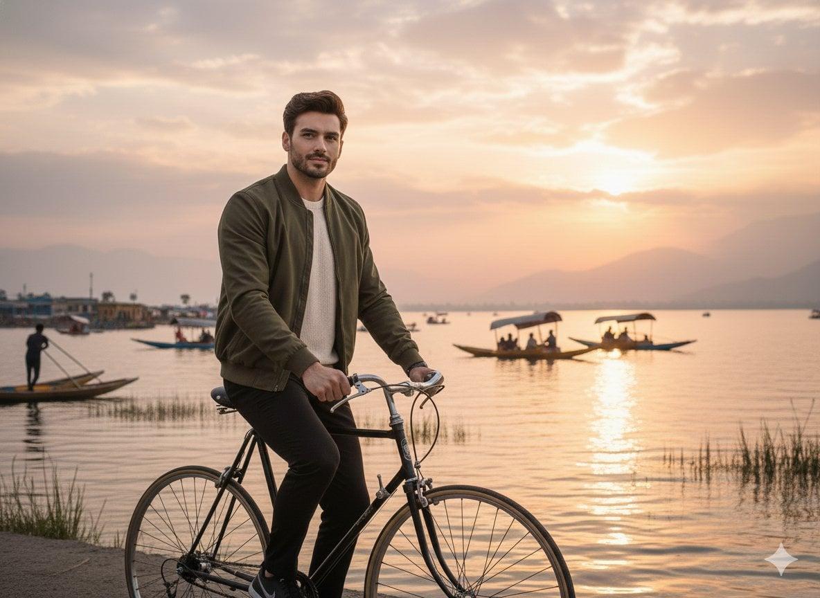A realistic cinematic photograph of a handsome man riding a bicycle - AI image template preview