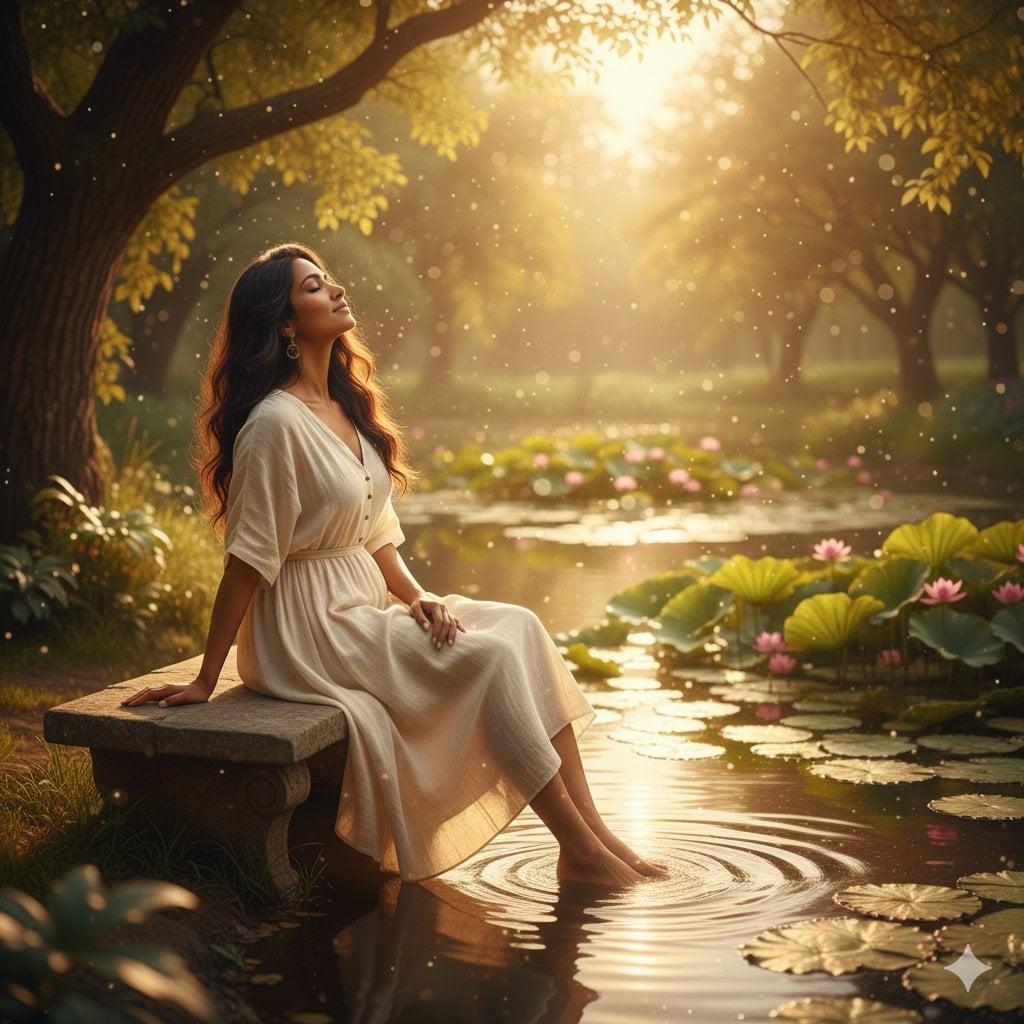 Unfolds beside a tranquil pond, where gentle ripples catch the warm - AI image template preview