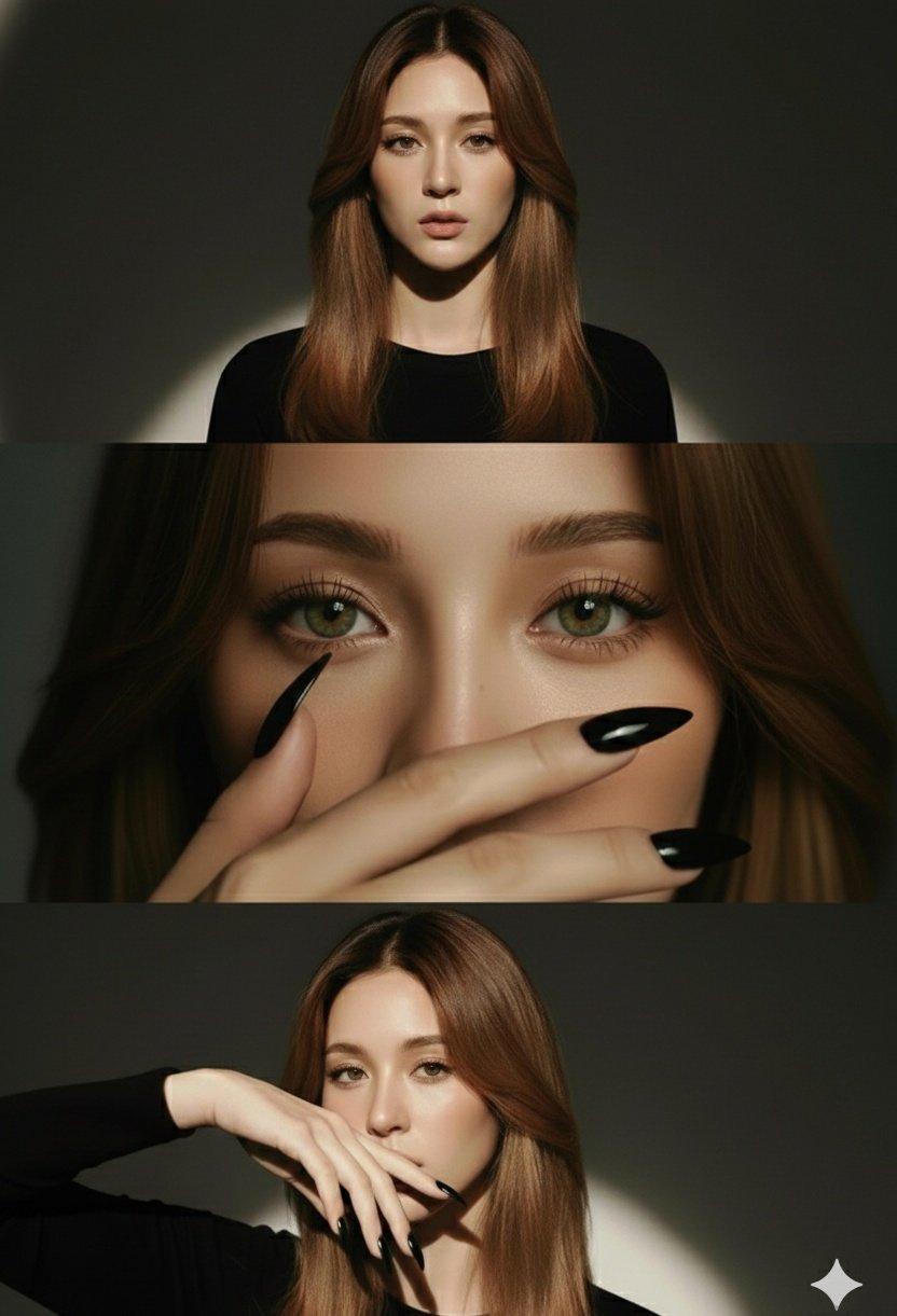 High-fashion editorial studio portrait presented as a vertical triptych preview
