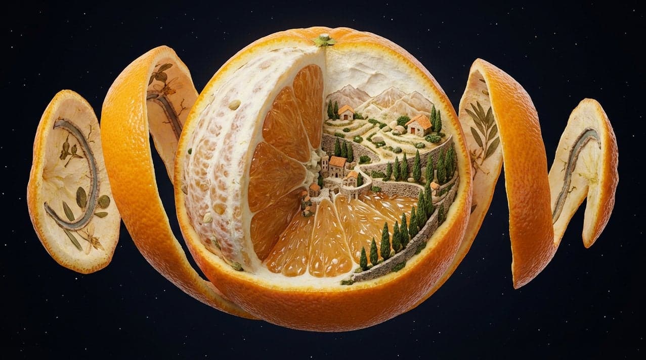 A single suspended in space, frozen mid-peel as its outer skin curls - AI image template preview