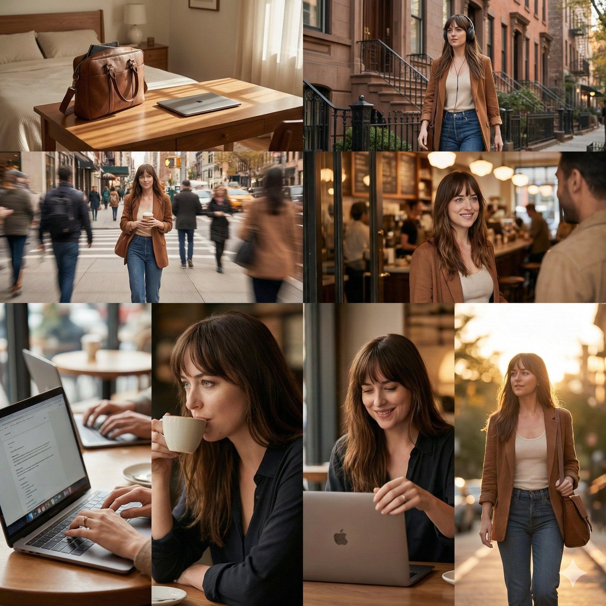 Cinematic 8-photo storytelling collage featuring the same girl - AI image template preview