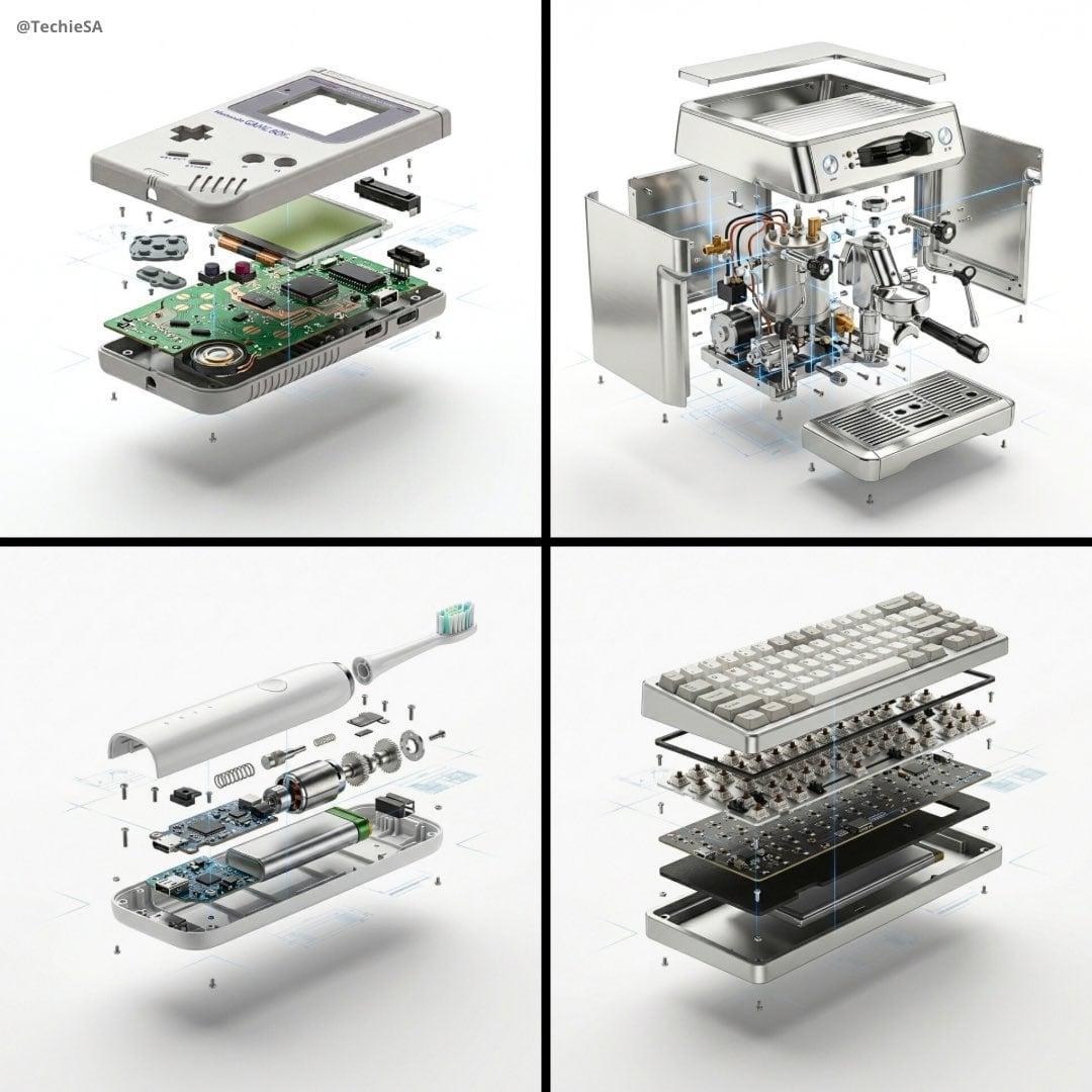 High-end product advertising, white seamless background, exploded view - AI image template preview