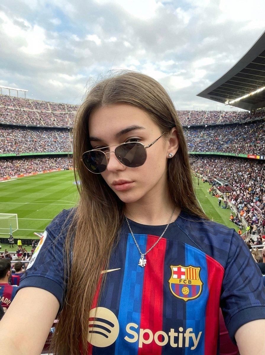 Realistic, selfie-style photo of a woman wearing a Barcelona jersey - AI image template preview