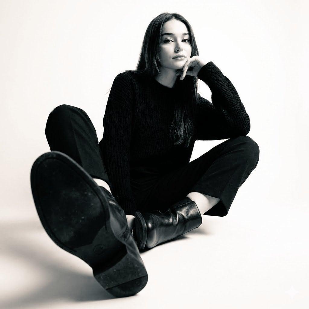 High-contrast black-and-white studio photo of a woman seated - AI image template preview