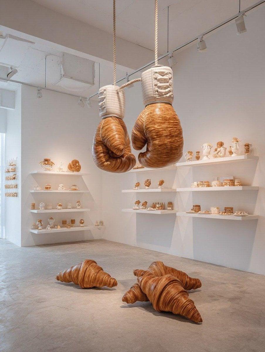 Oversized sports equipment sculpture made entirely from croissants - AI image template preview