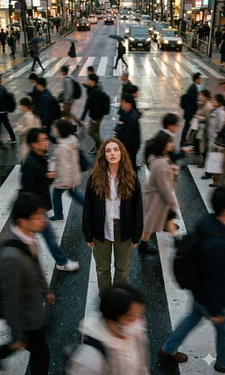 Cinematic street photography capturing a moment in motion with a crowd - AI image template preview