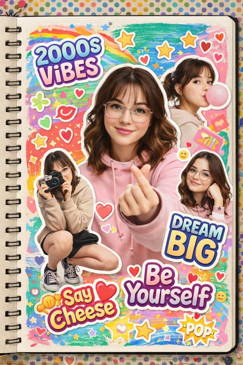 A vibrant 2000s scrapbook-style collage featuring the same young woman - AI image template preview