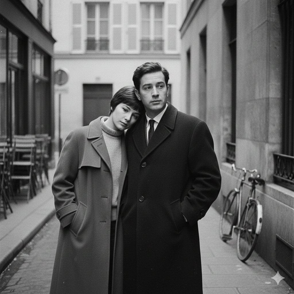 A French New Wave style minimalist lovers scene, black and white, 1950s - AI image template preview