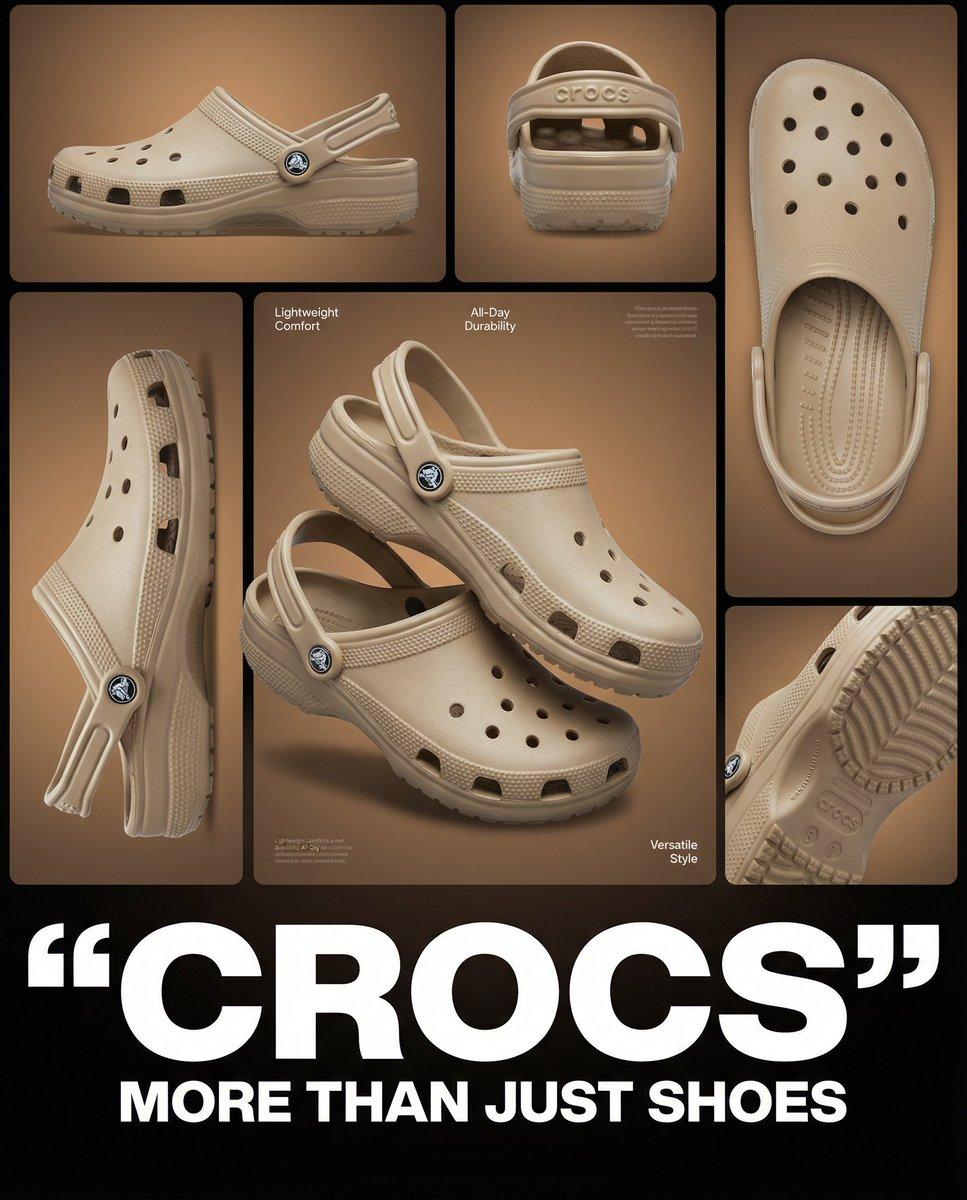 Multi-image product collage poster featuring beige/tan Crocs clog shoes - AI image template preview