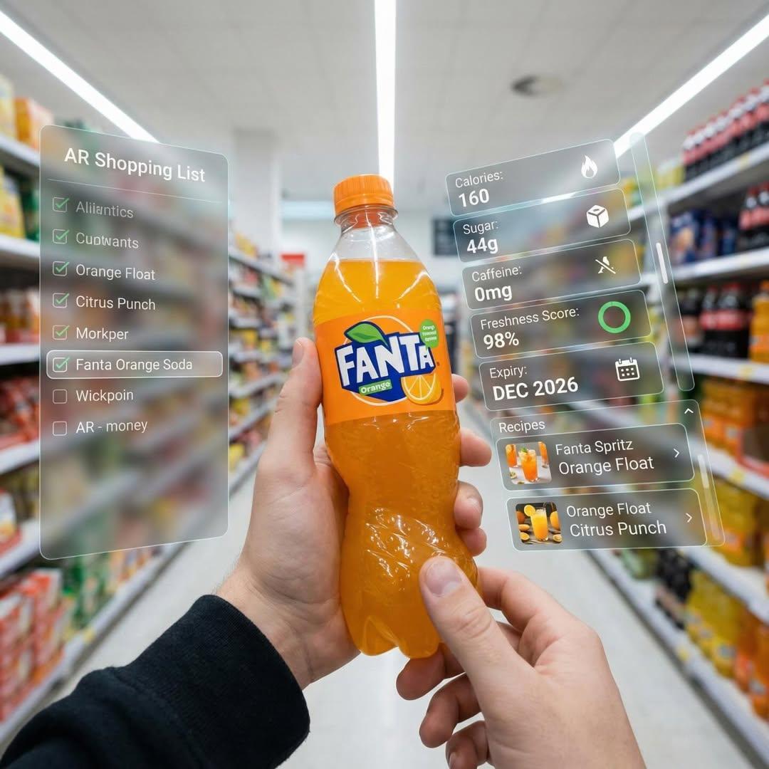 First-person perspective inside a brightly lit supermarket aisle - AI image template preview