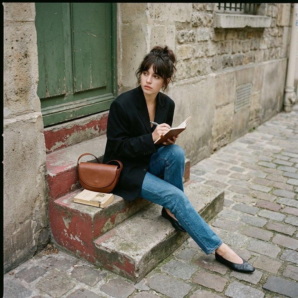 Seated casually on worn stone stairs, legs crossed slightly, holding - AI image template preview