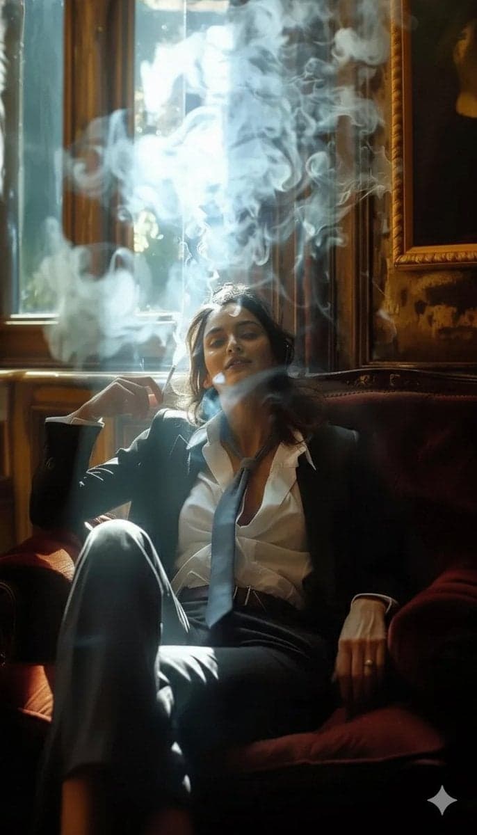 A high-definition cinematic portrait of a sophisticated woman sitting - AI image template preview