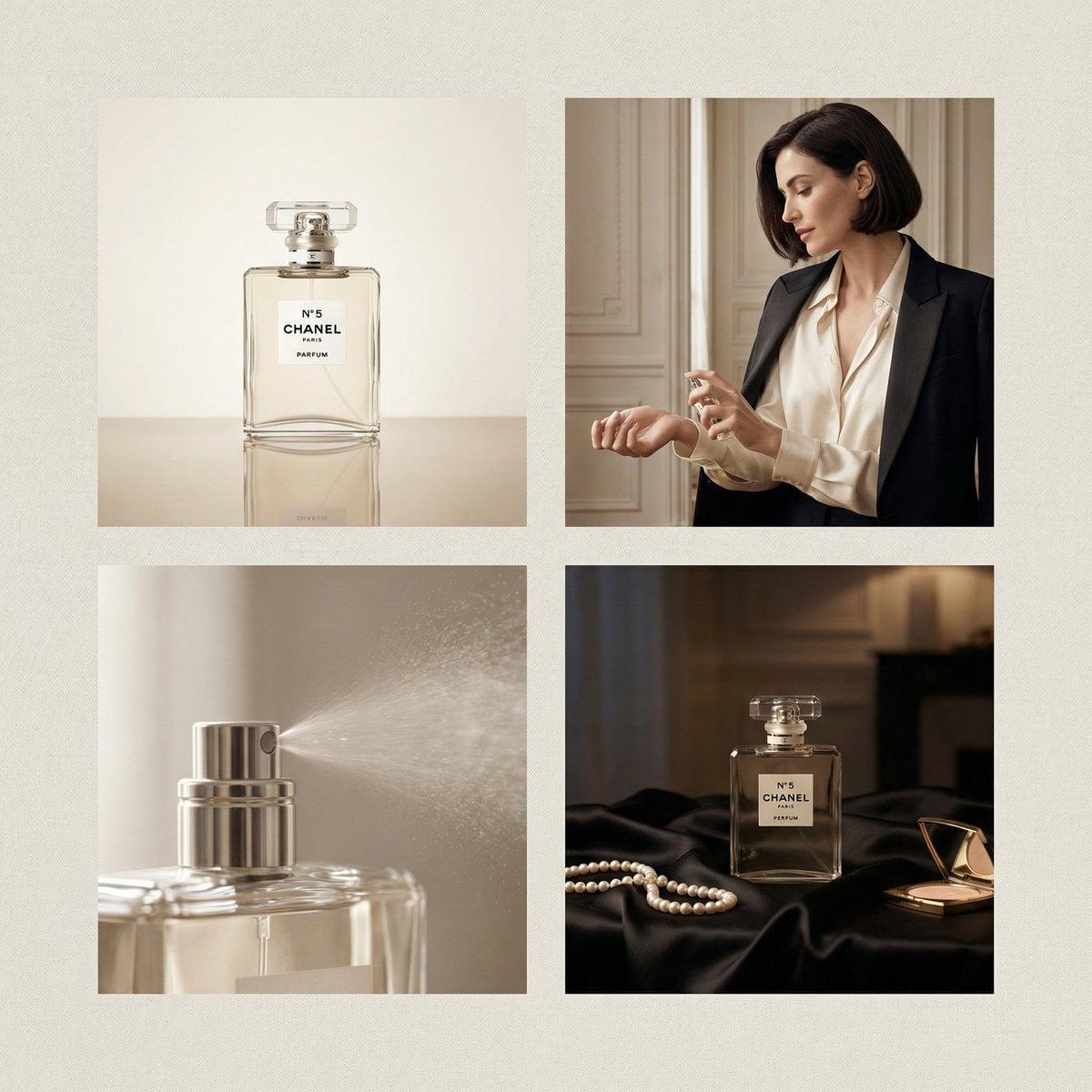 2 2 grid luxury perfume advertisement for Chanel perfume, four distinct - AI image template preview