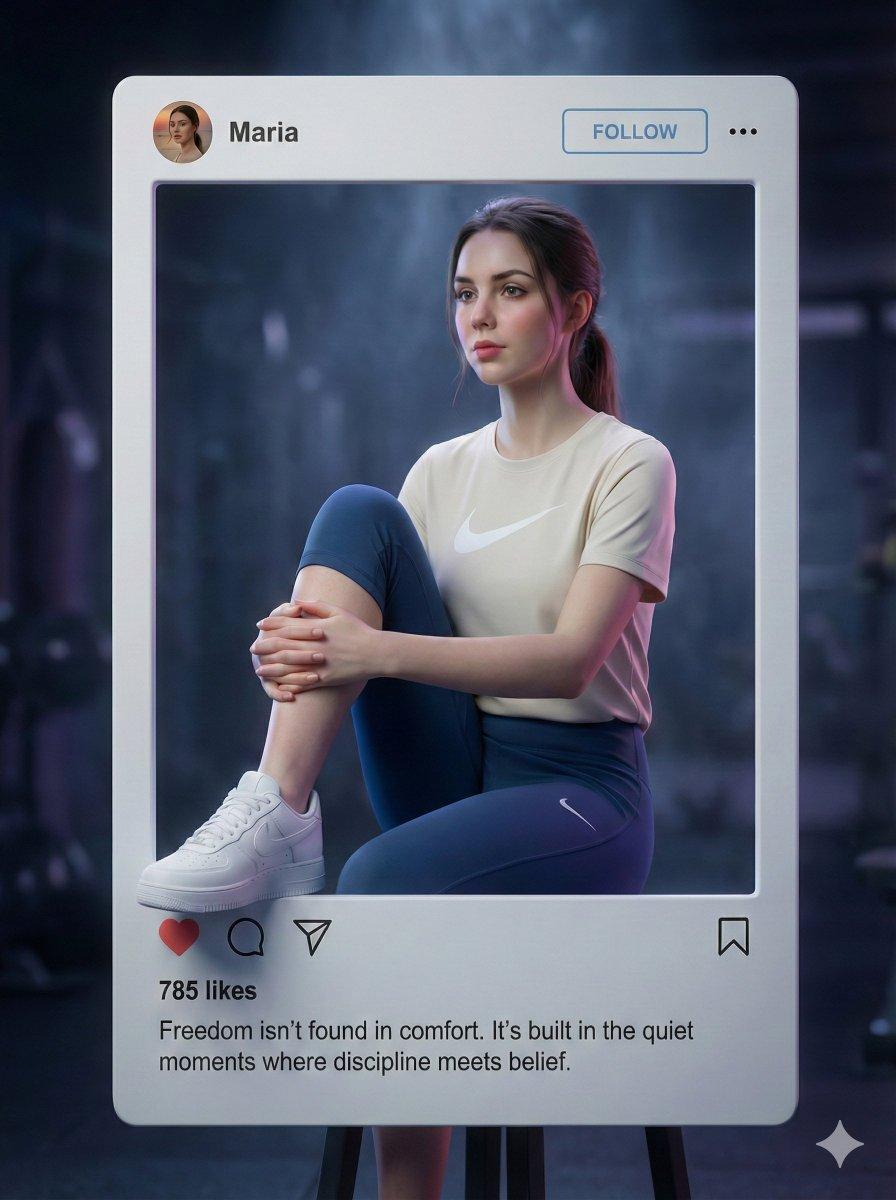 Sitting with one knee raised, hands clasped around her shin, looking - AI image template preview