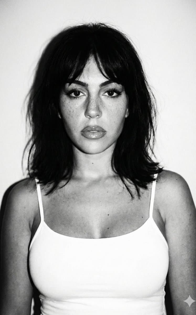 A hyper-realistic 4k HD black and white portrait of a Georgina Rodríguez - AI image template preview
