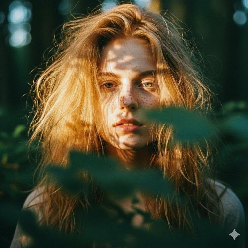 Close-up portrait of a young woman with messy, voluminous strawberry - AI image template preview