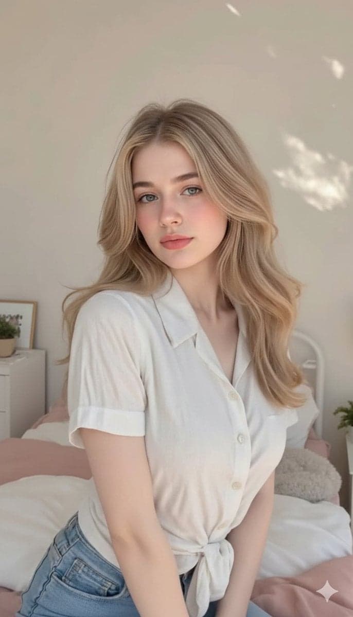 Cute, innocent young adult blonde woman sitting comfortably on a neatly - AI image template preview
