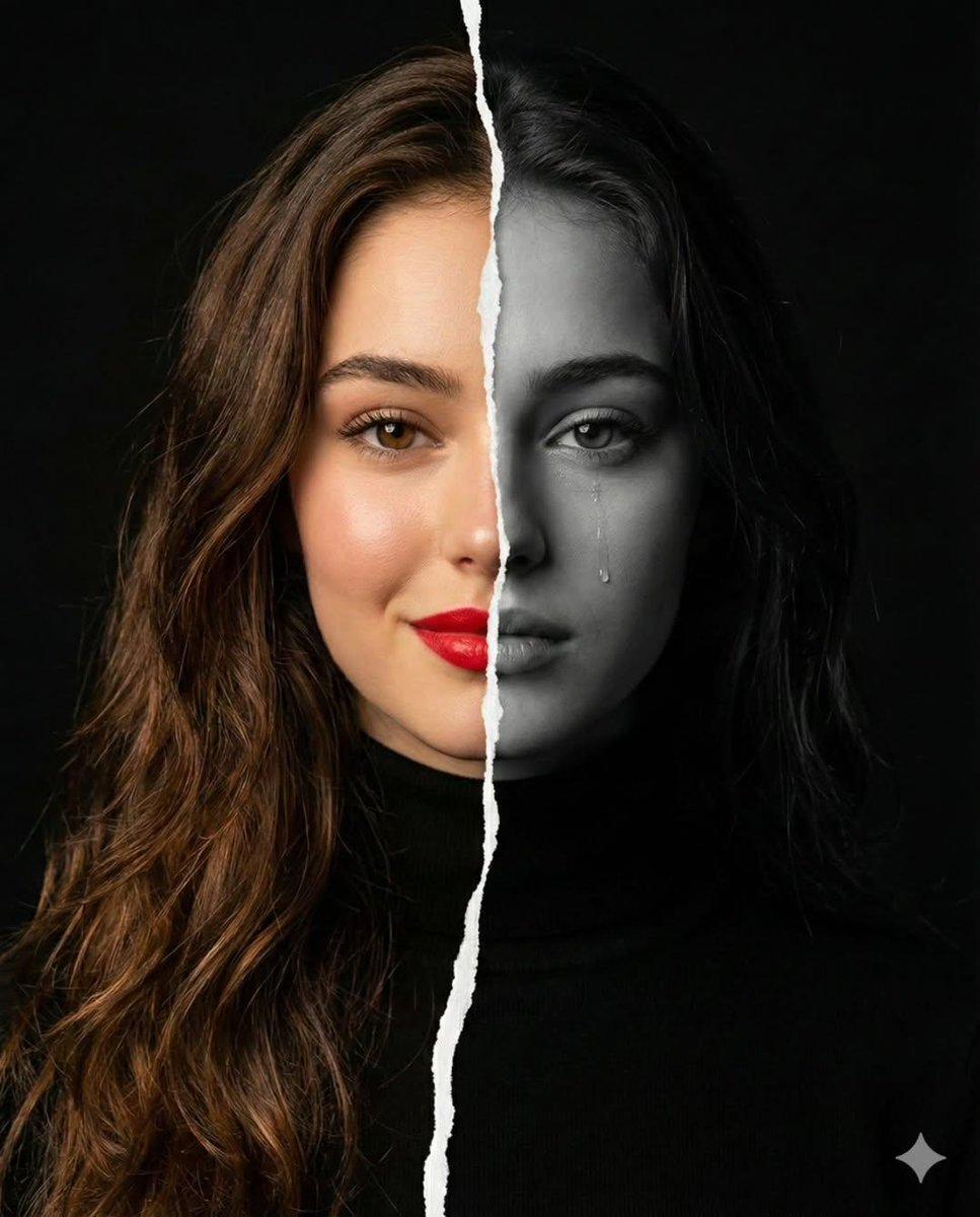 A high-resolution conceptual portrait of a woman s face vertically split preview