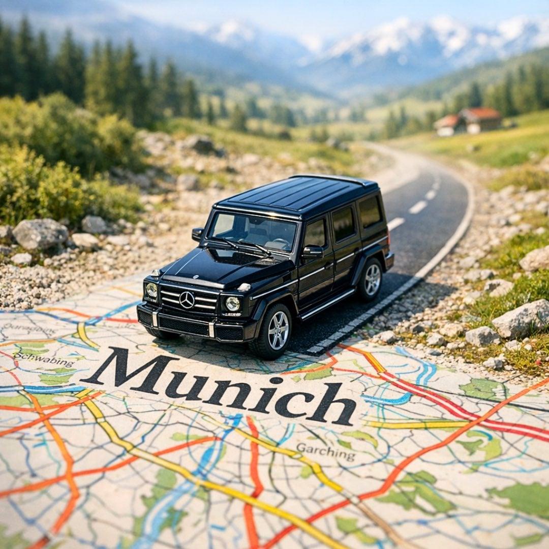 A surreal, hyper-realistic close-up scene of a miniature driving along - AI image template preview