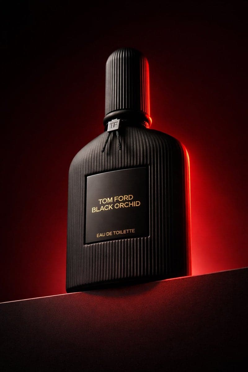 Low angle luxury product photography of a black ribbed glass perfume - AI image template preview