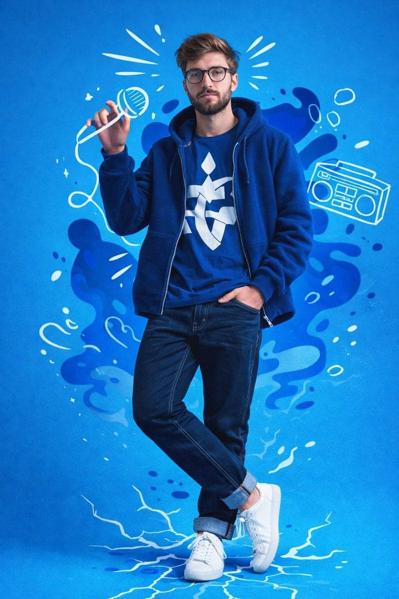 A full-body studio portrait of a young man in a dynamic, confident pose - AI image template preview