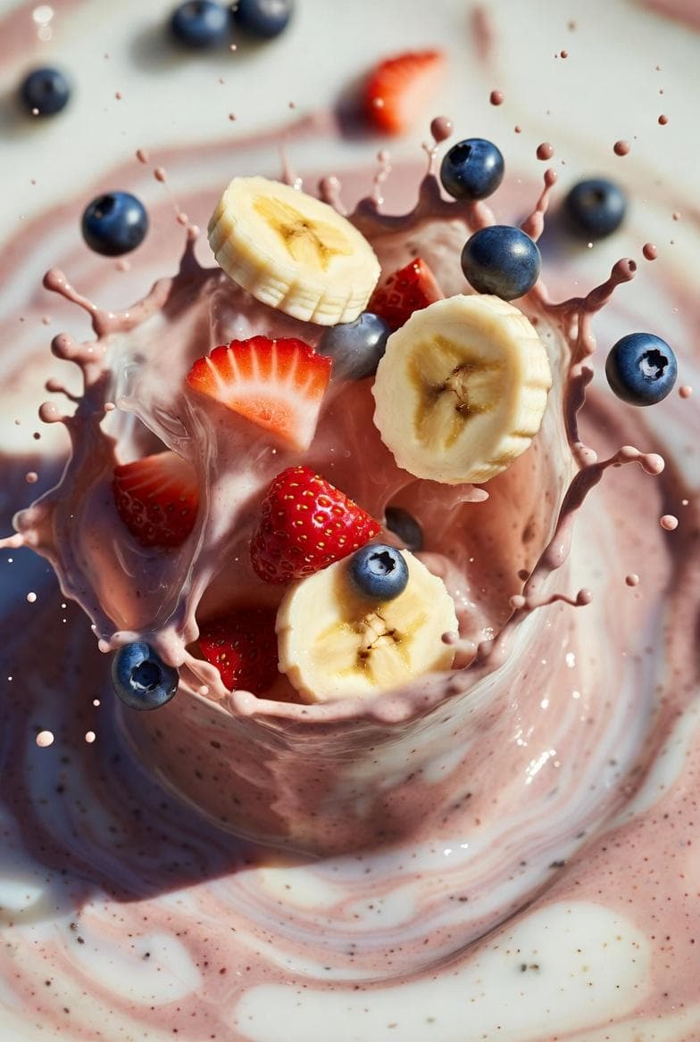 Ultra-realistic smoothie explosion, banana slices, strawberry pieces - AI image template preview