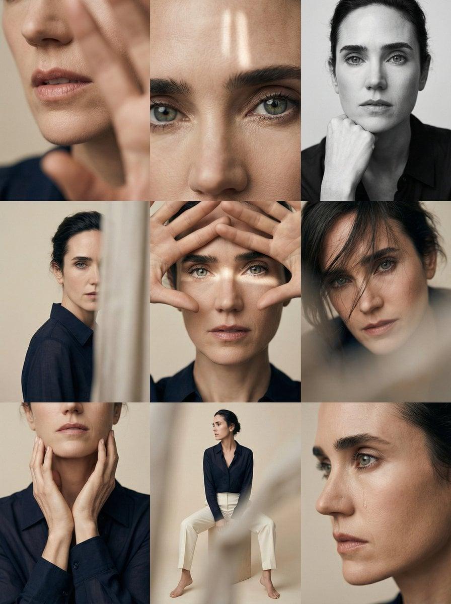 Editorial 3x3 photo grid in a clean soft beige studio - AI image template preview