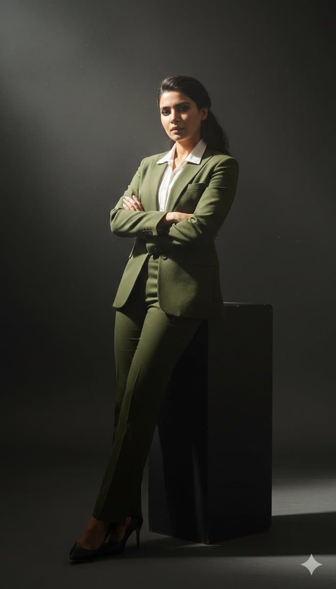 Cinematic full-body studio portrait of a subject using the uploaded face - AI image template preview