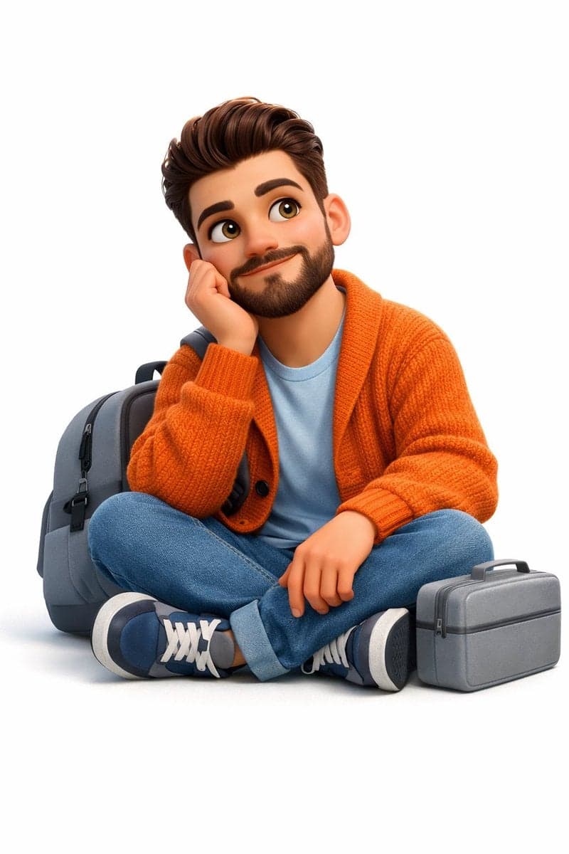 A 3D, Pixar-style animated young man sits cross-legged on a pure white - AI image template preview