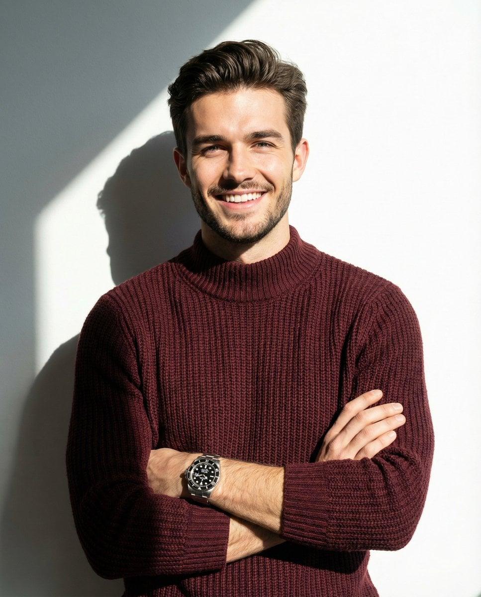 A man smiling and posing with his arms crossed, wearing a maroon knitted - AI image template preview