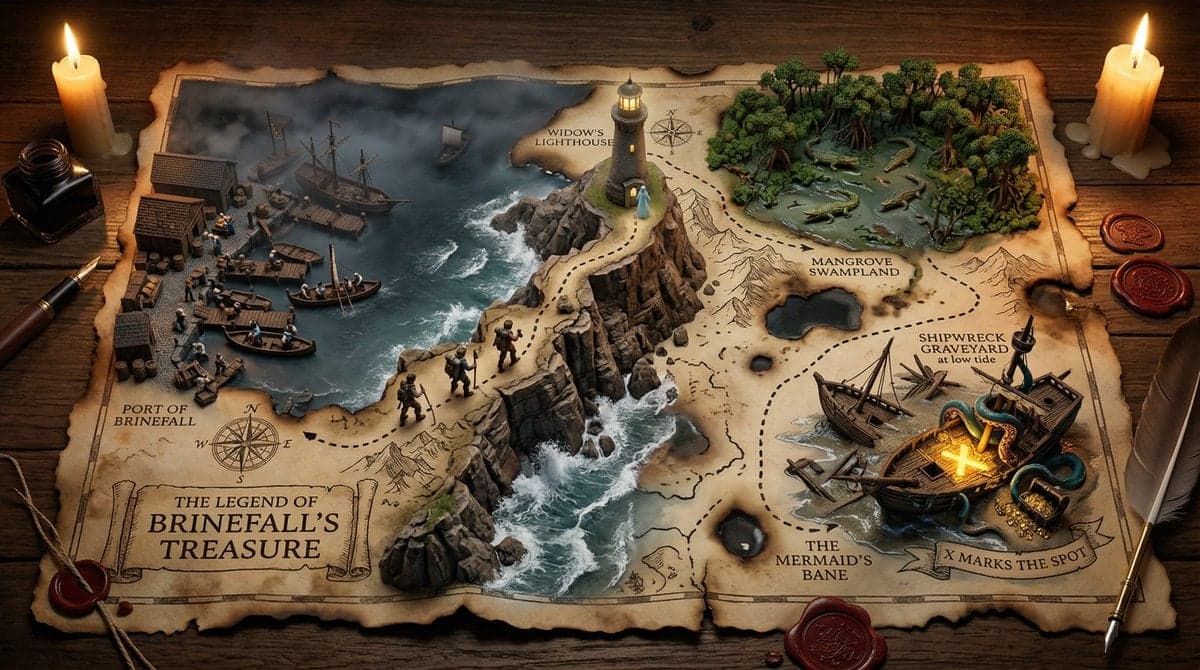 A hand-drawn treasure map on aged parchment, with the adventure erupting - AI image template preview