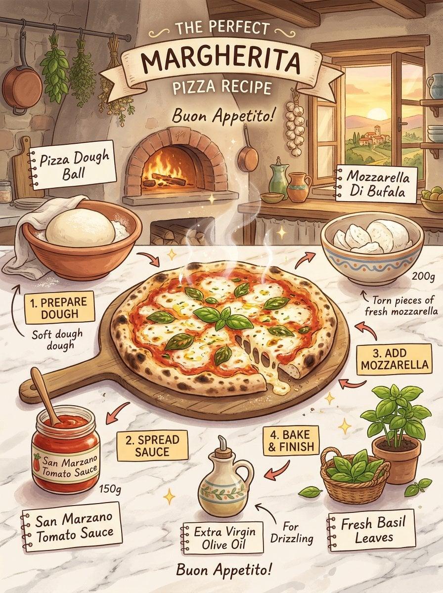 Margherita pizza recipe infographic, Studio Ghibli inspired - AI image template preview