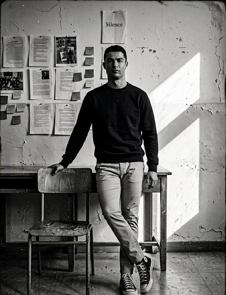 High-contrast black and white portrait in a quiet classroom Use uploaded - AI image template preview